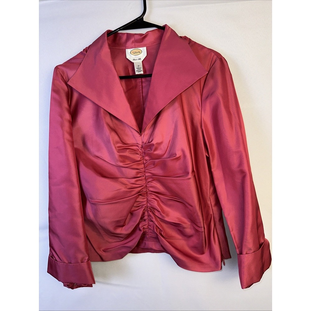 Talbots Pure 100% Silk Taffeta Ruched Blouse Women's Sz 12 Magenta Pink LongSlee